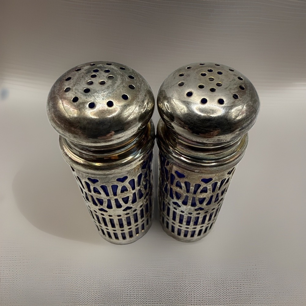 Vintage Cobalt‎ Blue Glass Salt & Pepper Shaker Patent 1014132 Silver 3"T
